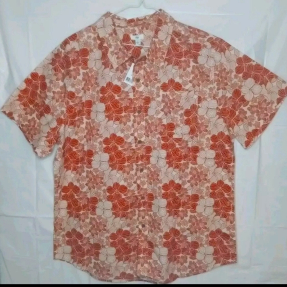 Large Mens DIP Sun Burnt Orange Floral Pattern Hawaiian Shirt NWT 100% Cotton